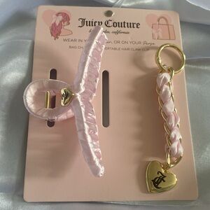 Juicy Couture Pink Satin Hair Claw Clip & Pink Gold JC Heart Bag Charm Duo Set